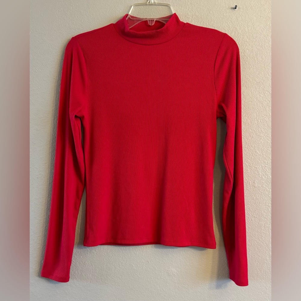 NO BOUNDARIES Women’s Mock Turtleneck Shirt Red Long Sleeve Ribbed Top Small